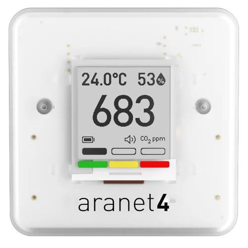 Aranet4 Home CO2 monitor with e-ink display on a home office desk.