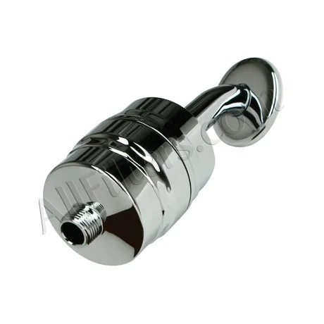 A shower water filter attached to a shower arm in a tiled bathroom.
