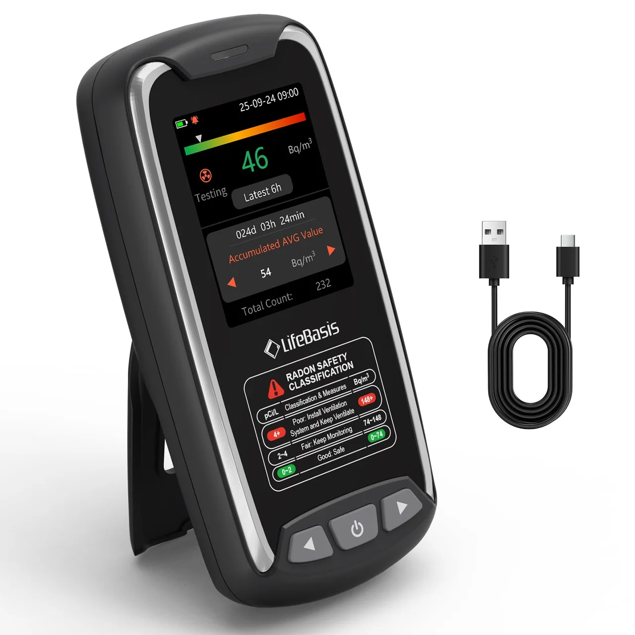 A smartphone showing an air quality app chart beside a smart air monitor.