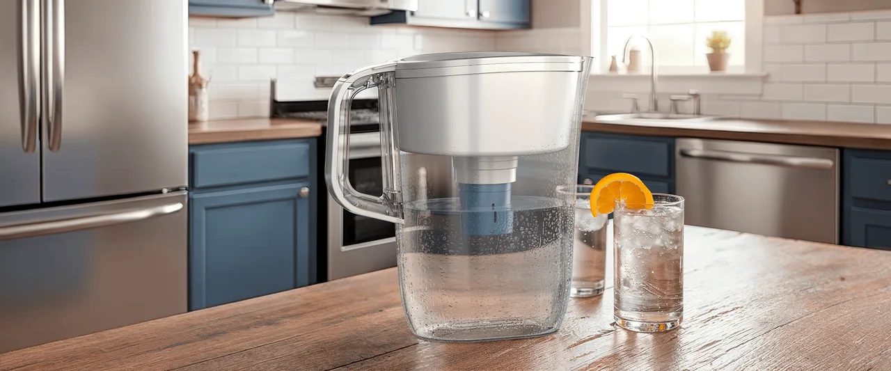 A water filter pitcher being filled with tap water in a bright kitchen.